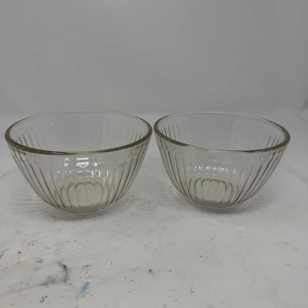 Vintage Pyrex 7401-S‎ Clear Ribbed Glass Custard Cups Prep Bowls Set of 2 750mL